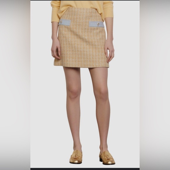 $523 Sandro Women Beige Tweed High Waist Metallic A-Line Mini Short Skirt Size 1 - Picture 2 of 6